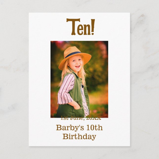 10th birthday photo name date simple brown beige b postcard (Front)