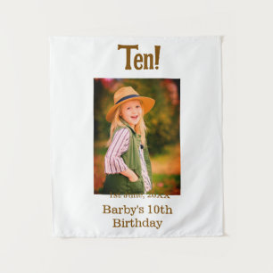 10th birthday photo name date simple brown beige b tapestry