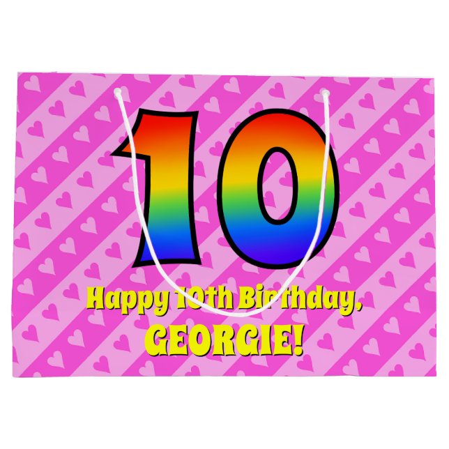 10th Birthday: Pink Stripes & Hearts, Rainbow # 10 Large Gift Bag (Back)