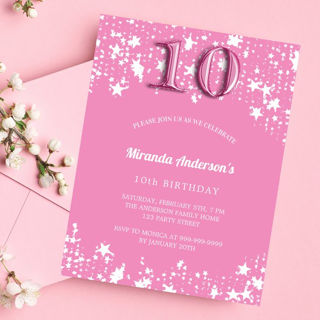 10th Birthday pink white stars budget invitation (Creator Uploaded)