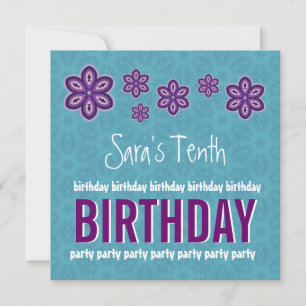 10th Birthday Purple Flowers Custom Name Invitation