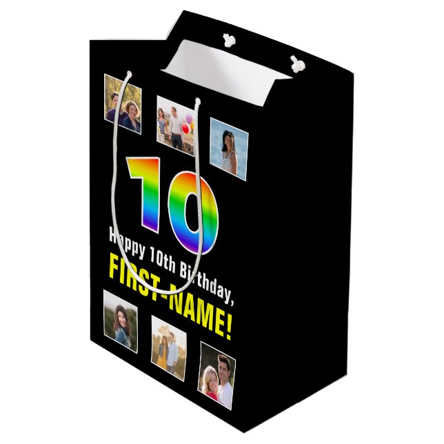 10th Birthday: Rainbow “10“, Custom Photos & Name Medium Gift Bag (Back Angled)