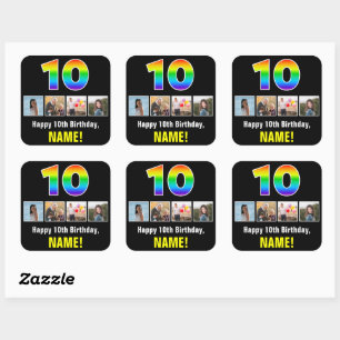 10th Birthday: Rainbow “10”; Custom Photos & Name Square Sticker