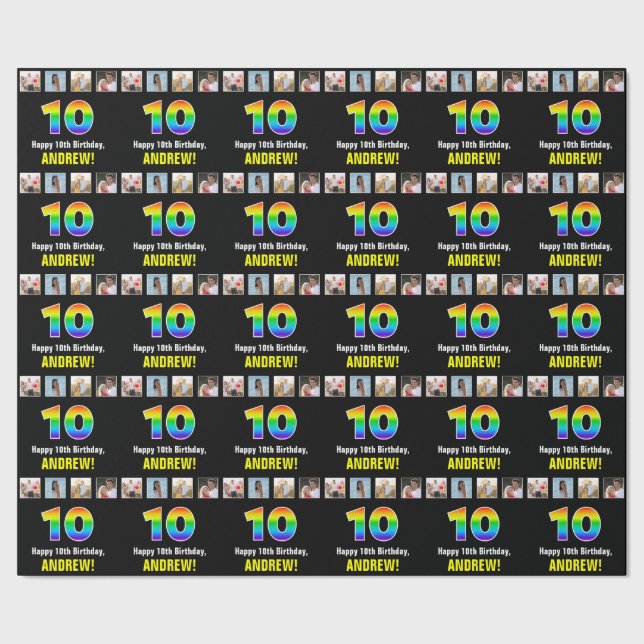 10th Birthday: Rainbow “10“; Custom Photos & Name Wrapping Paper (Seam)
