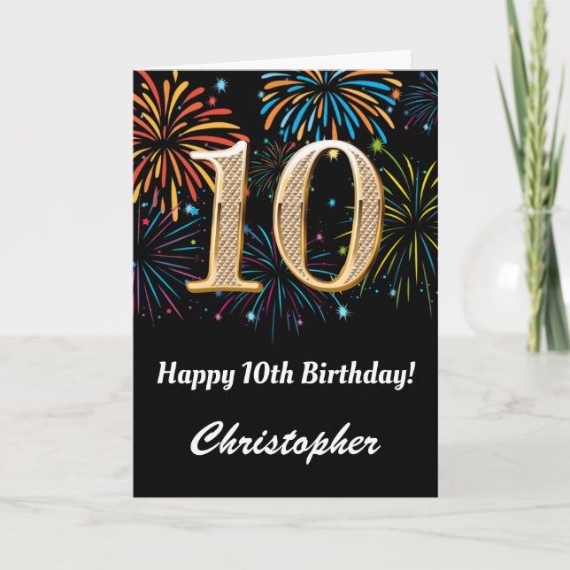 10th Birthday Rainbow Fireworks Black and Gold Card (Front)