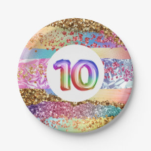 10th birthday rainbow glitter colourful party paper plate