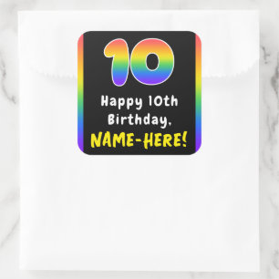 10th Birthday: Rainbow Spectrum # 10, Custom Name Square Sticker