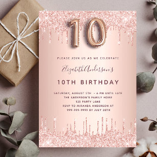 10th birthday rose gold drips pink glam invitation