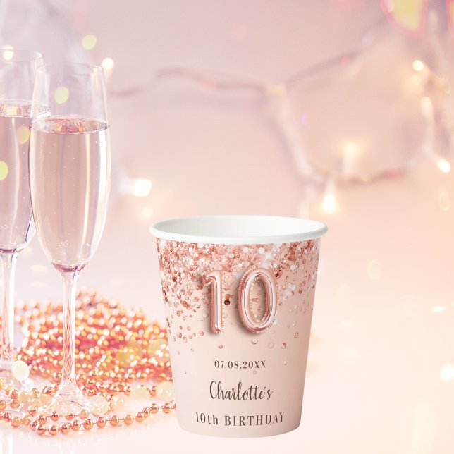 10th birthday rose gold glitter monogram name paper cups (Creator Uploaded)