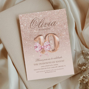 10th Birthday Rose Pink Gold  Bow Birthday Party Invitation