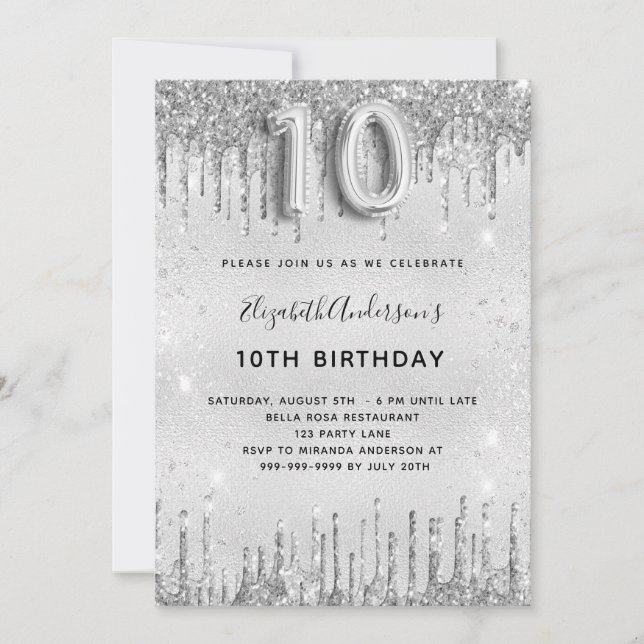 10th birthday silver glitter glamourous girl invitation (Front)