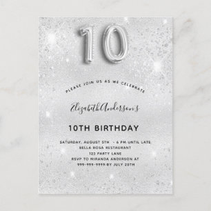 10th birthday silver glitter invitation postcard