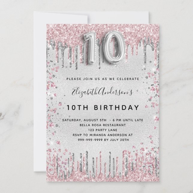 10th birthday silver pink metal glitter dust  invitation (Front)
