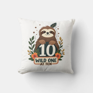 10th Birthday Sloth Vintage Wild One Shirt Throw Pillow