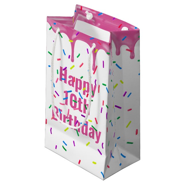 10th Birthday Sprinkles On Pink Icing Small Gift Bag (Front Angled)
