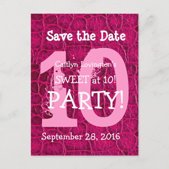 10th Birthday Sweet at Ten Pink Alligator Print Announcement Postcard (Front)