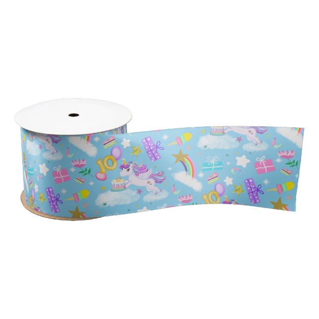 10th Birthday Unicorn Pattern Satin Ribbon (Spool)