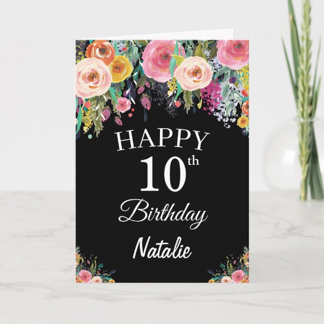 10th Birthday Watercolor Floral Flowers Black Card (Front)