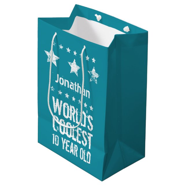 10th Birthday World's Coolest 10 Year Old Teal E17 Medium Gift Bag (Front Angled)