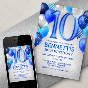 10th Boys Blue Birthday Invitation