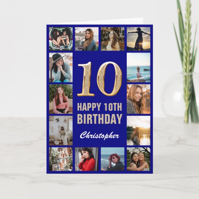 10th Happy Birthday Navy Blue & Gold Photo Collage Card (Front)