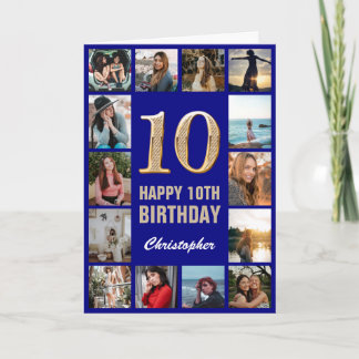 10th Happy Birthday Navy Blue & Gold Photo Collage Card