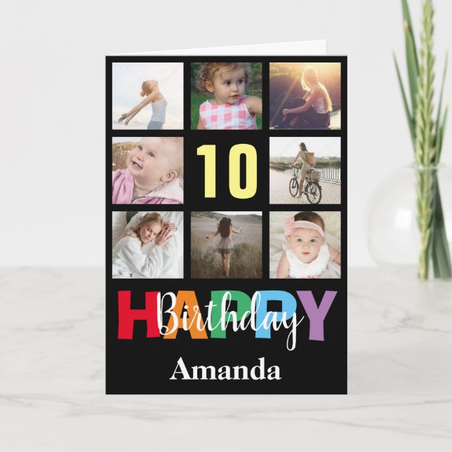 10th Happy Birthday Photo Collage Modern Black Card (Front)