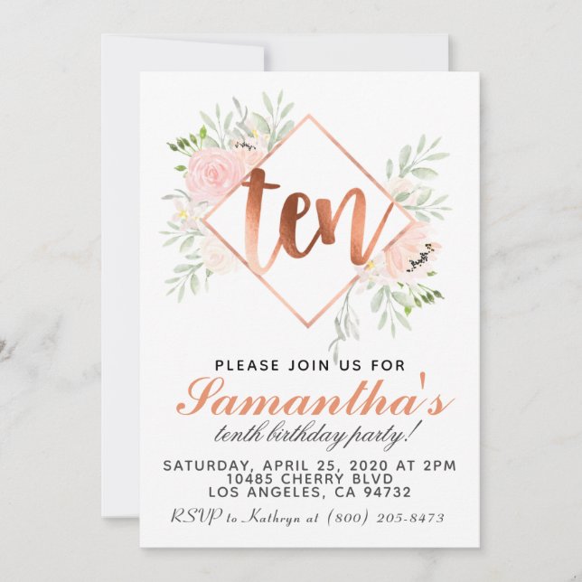 10th Rose Gold Birthday Invitation (Front)