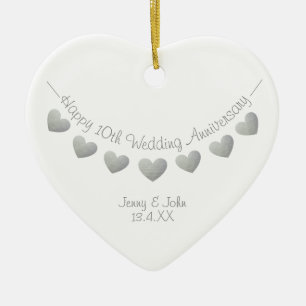10th tin wedding anniversary bunting heart ceramic ornament