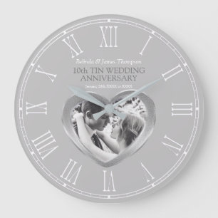 10th tin wedding anniversary custom photo heart large clock