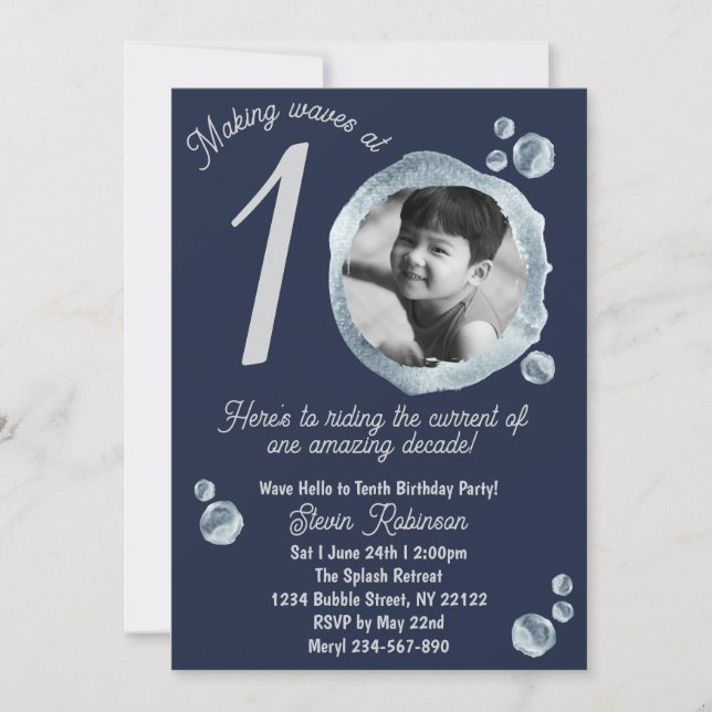 10th Twilight Blue Bubble Birthday Party  Invitation (Front)