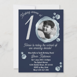 10th Twilight Blue Bubble Birthday Party  Invitation