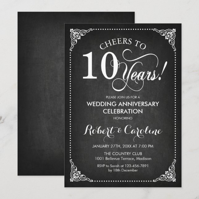 10th Wedding Anniversary - Chalkboard White Invitation (Front/Back)