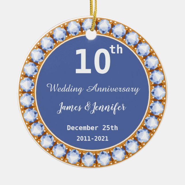 10th Wedding Anniversary diamond Custom Names Ceramic Ornament (Front)