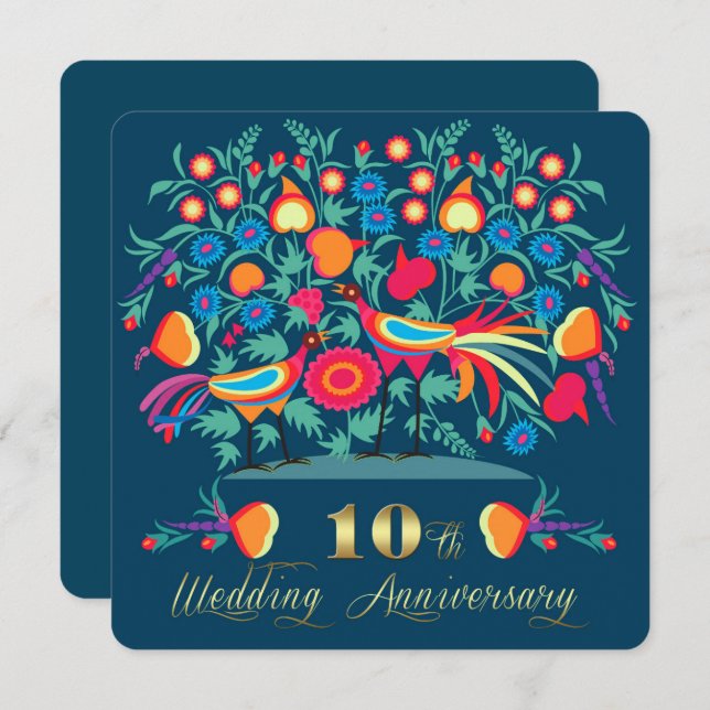 10th Wedding Anniversary Folk Art Invitation (Front/Back)