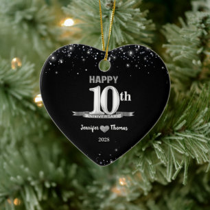 10th Wedding Anniversary Glitter Silver Custom Ceramic Ornament