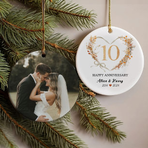 10th Wedding Anniversary Gold Hearts Couple Photo  Ornament