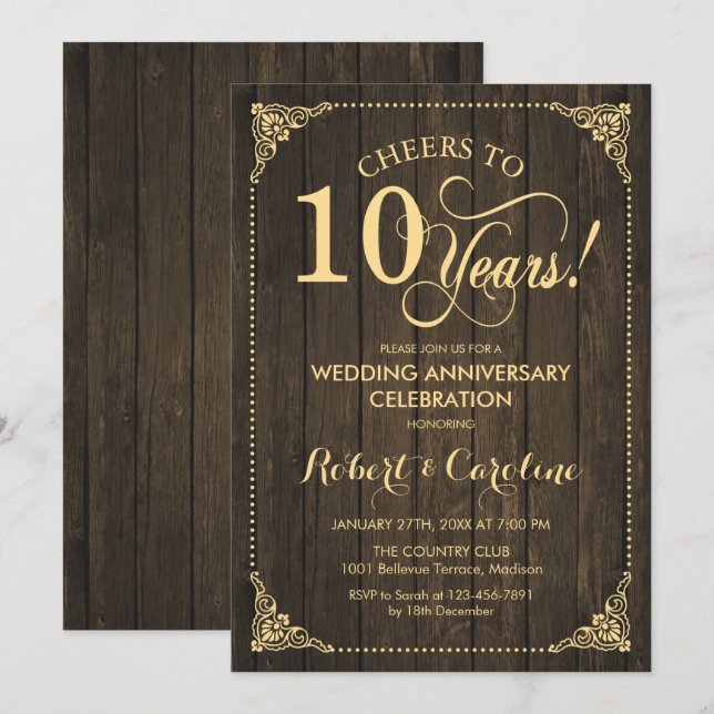10th Wedding Anniversary - Gold Wood Invitation (Front/Back)