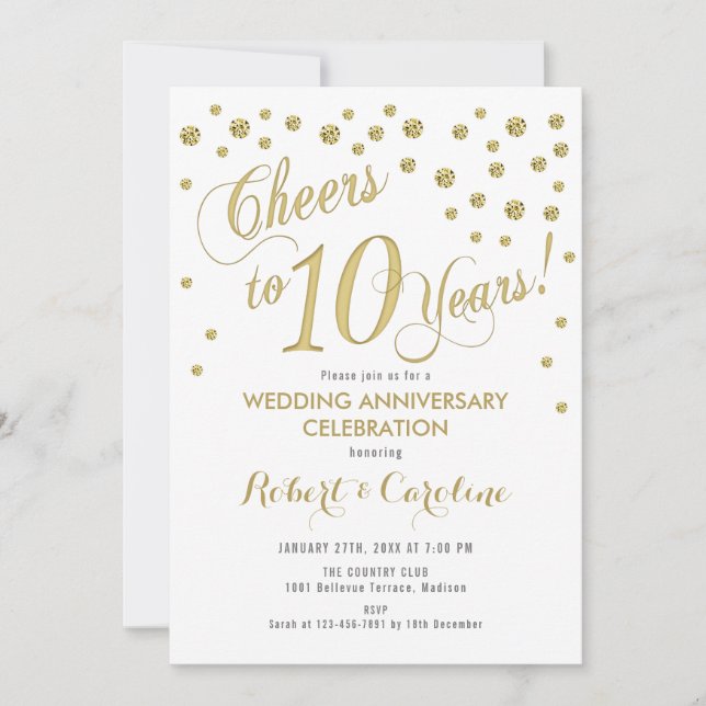 10th Wedding Anniversary Invitation - Gold & White (Front)