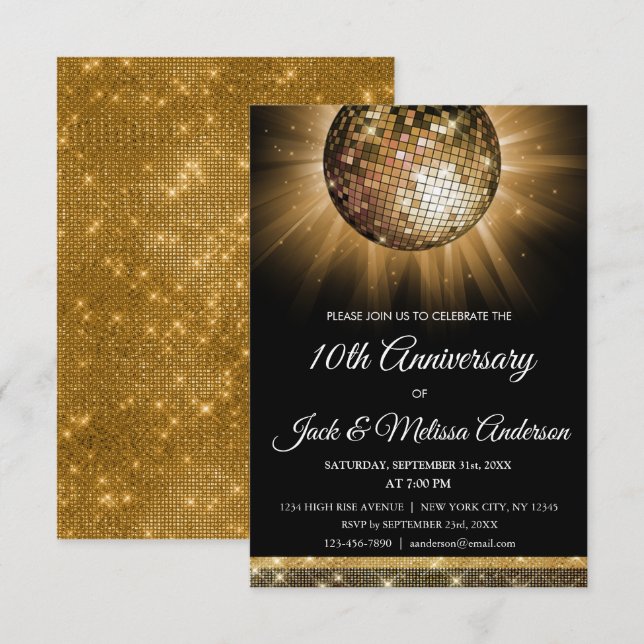 10th Wedding Anniversary Party Gold Disco Ball Invitation (Front/Back)