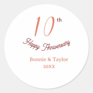 10th wedding anniversary peach pastel name retro b classic round sticker