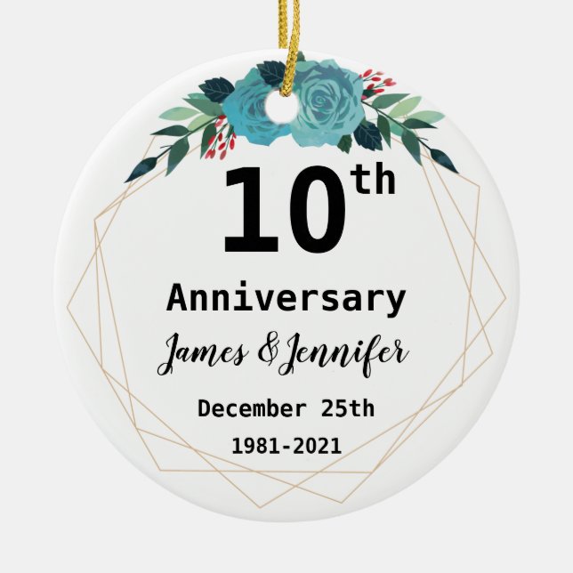 10th Wedding Anniversary Personalized Names Year Ceramic Ornament (Front)