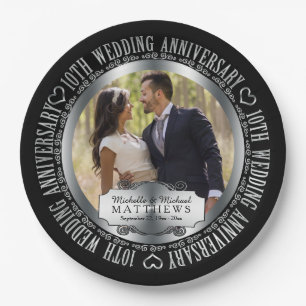 10th Wedding Anniversary Photo Black SIlver Tone Paper Plate