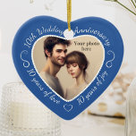 10th Wedding Anniversary Photo Ceramic Ornament<br><div class="desc">Celebrate a 10th happy year of marriage with a custom photo ornament in a delightful heart shape frame. Simply upload your own photo of the married couple and it will appear in the cutout. The blue surround features a white script font and decorations. The words are: 10th Wedding Anniversary -...</div>