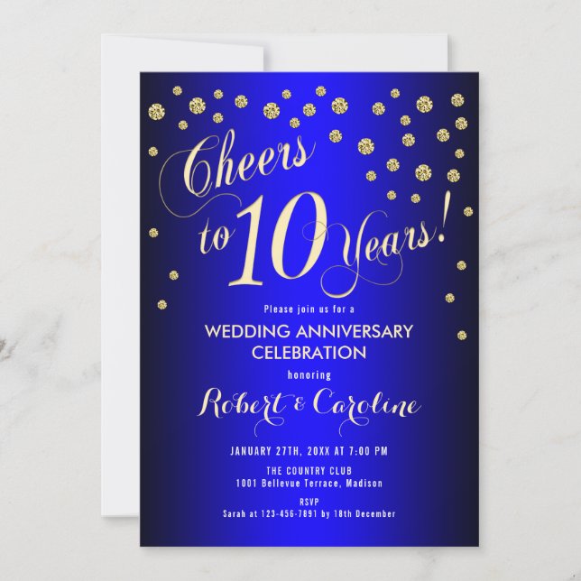 10th Wedding Anniversary - Royal Blue & Gold Invitation (Front)