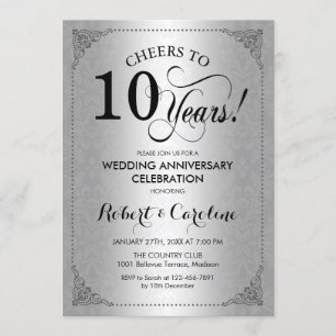 10th Wedding Anniversary - Silver Black Damask Invitation
