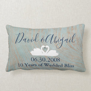 10th Wedding Anniversary swans Blue and Copper Lumbar Pillow