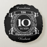 10TH wedding anniversary tin Round Pillow<br><div class="desc">Your tenth wedding anniversary has the traditional gift is tin. This crest style design is a romantic design for couples celebrating 10 years of marriage. If you would like any help customizing this design please contact me, their is an ask this designer button, just below this text. 10th, 10th wedding...</div>