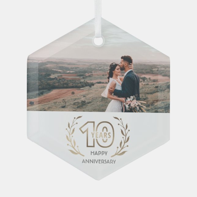 10th Year Anniversary Photo Gift for Couple Glass Ornament (Front)