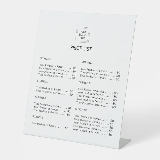 10x12 Branded Price List Tabletop Display Sign (Front)